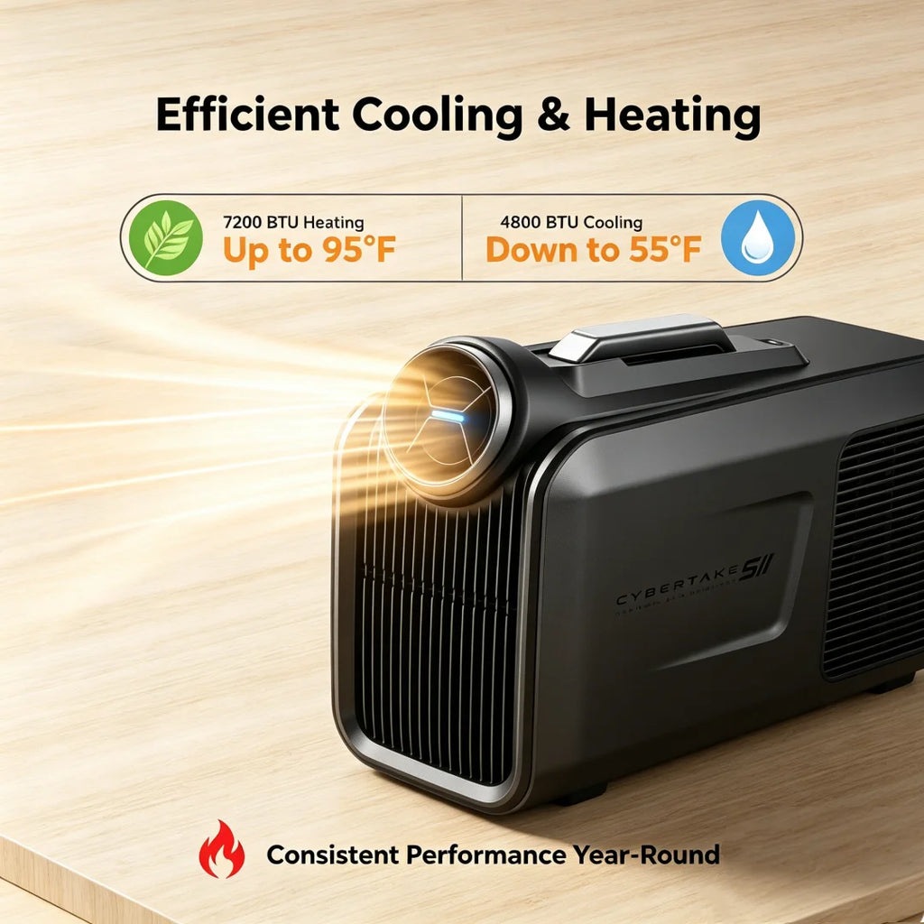Cybertake S2 Pro Portable Air Conditioner 5100 BTU Cooling & 6100 BTU Heating 2.9 EER A Energy Class Quiet AC Unit with 4 Modes, IPX4 Water-Resistant for Camping, RV, Tent, Home & Outdoor Use