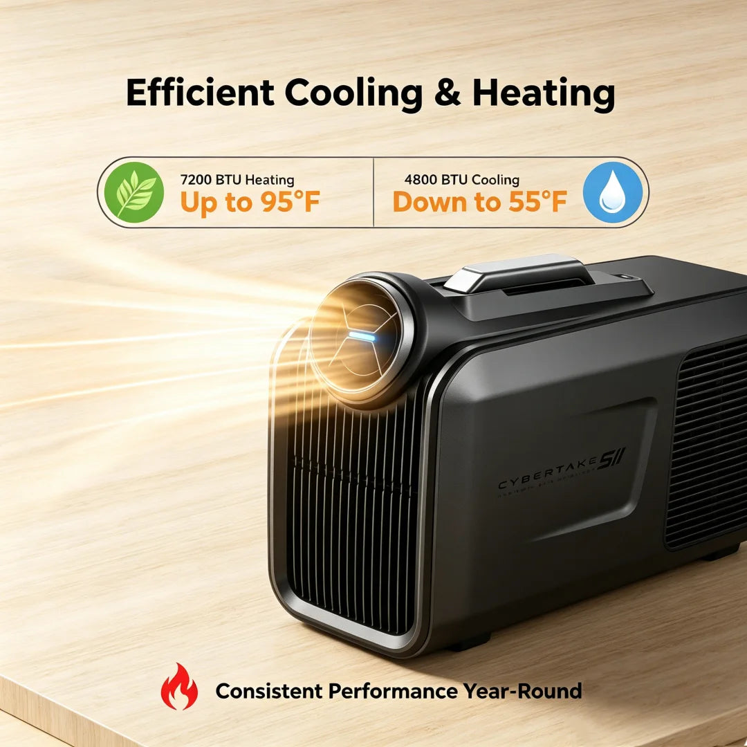 Cybertake S2 Pro Portable Air Conditioner 5100 BTU Cooling & 6100 BTU Heating 2.9 EER A Energy Class Quiet AC Unit with 4 Modes, IPX4 Water-Resistant for Camping, RV, Tent, Home & Outdoor Use